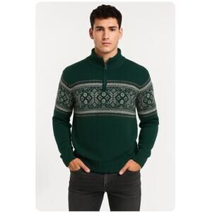 LL Bean Vintage Dark Green and White Fair Isle 1/4 Zip Cotton Knit Sweater Sz L